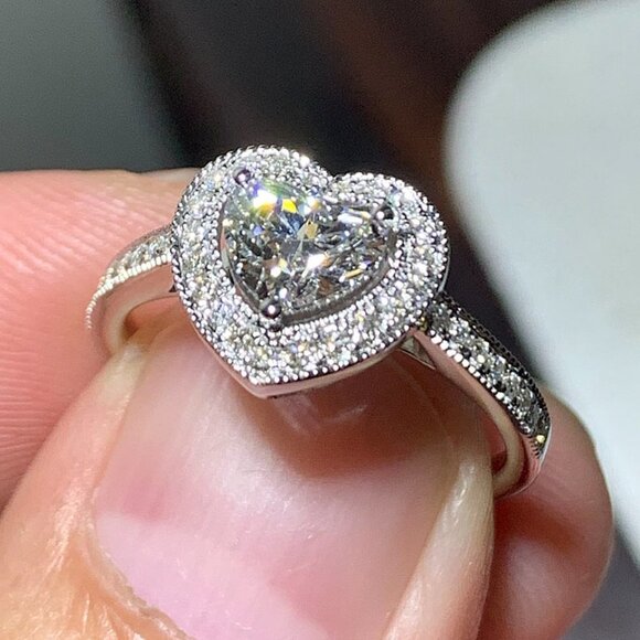 Hollow Gemstone Zircon Thin Sweet Vintage Heart CZ Ring for Women, MARR9… - Picture 4 of 5